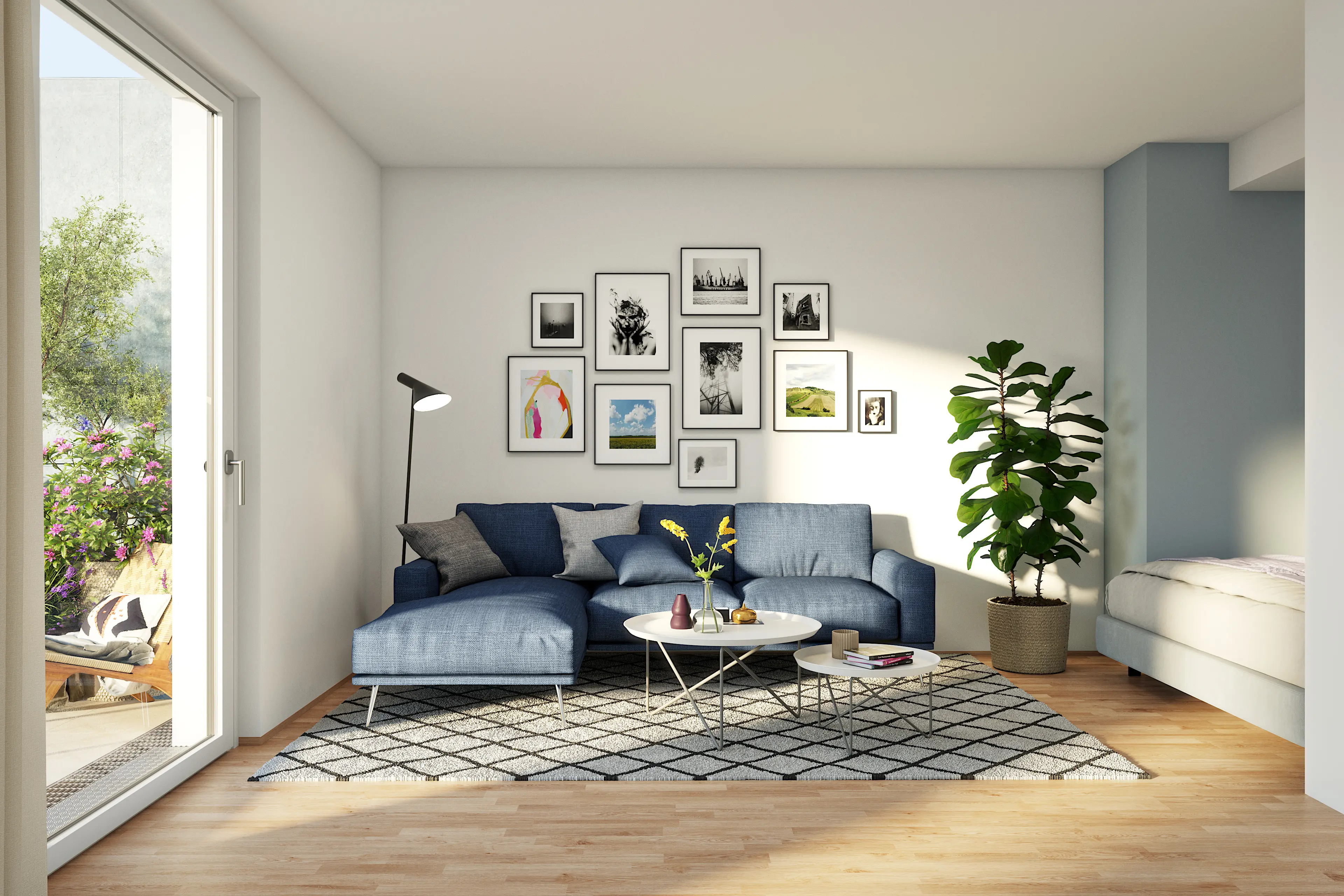 Wohnzimmer mit Sitzecke und Bildergalerie in Top 50