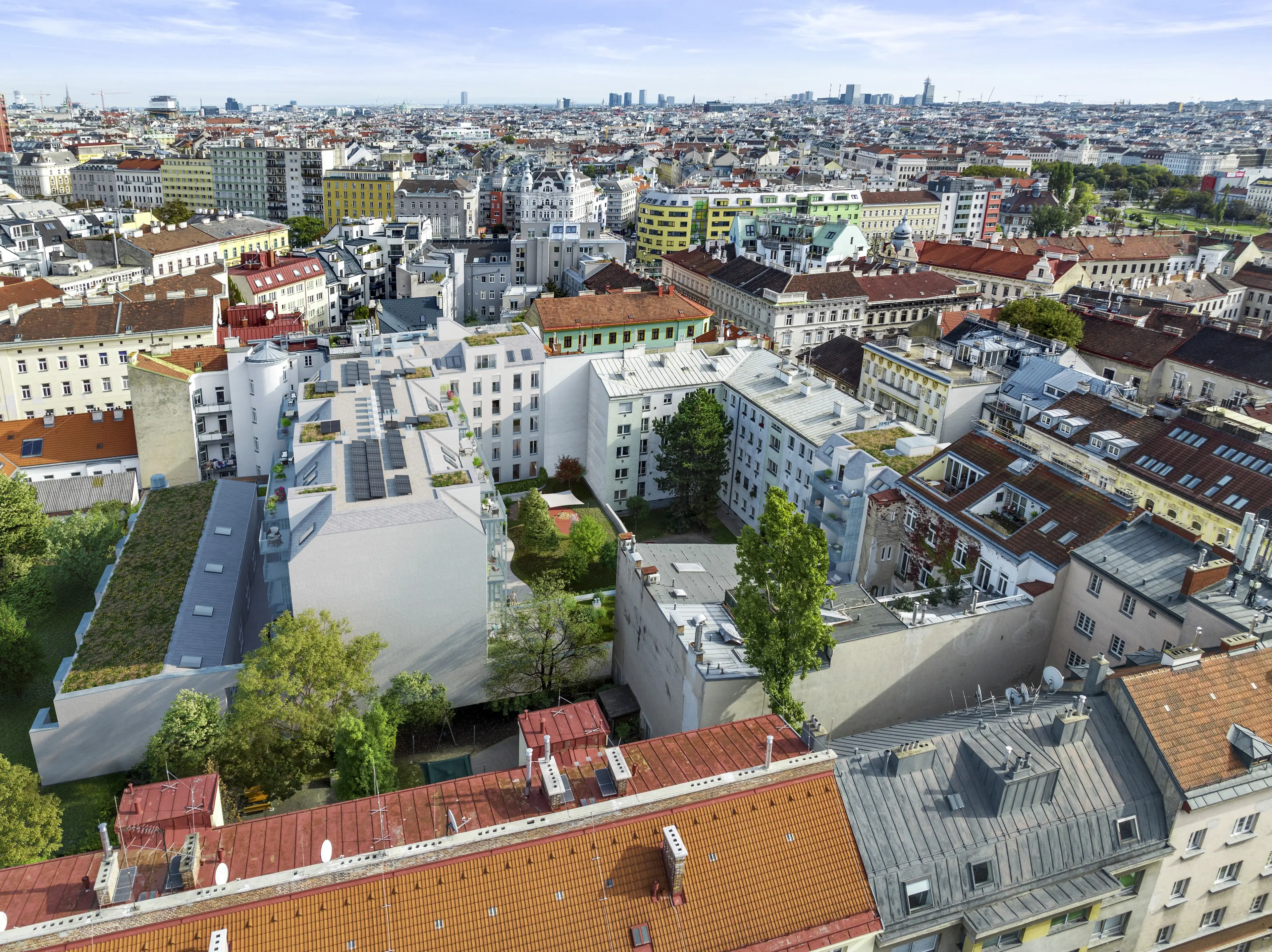 Luftaufnahme der Wohnanlage My.Turn mit begrüntem Innenhof