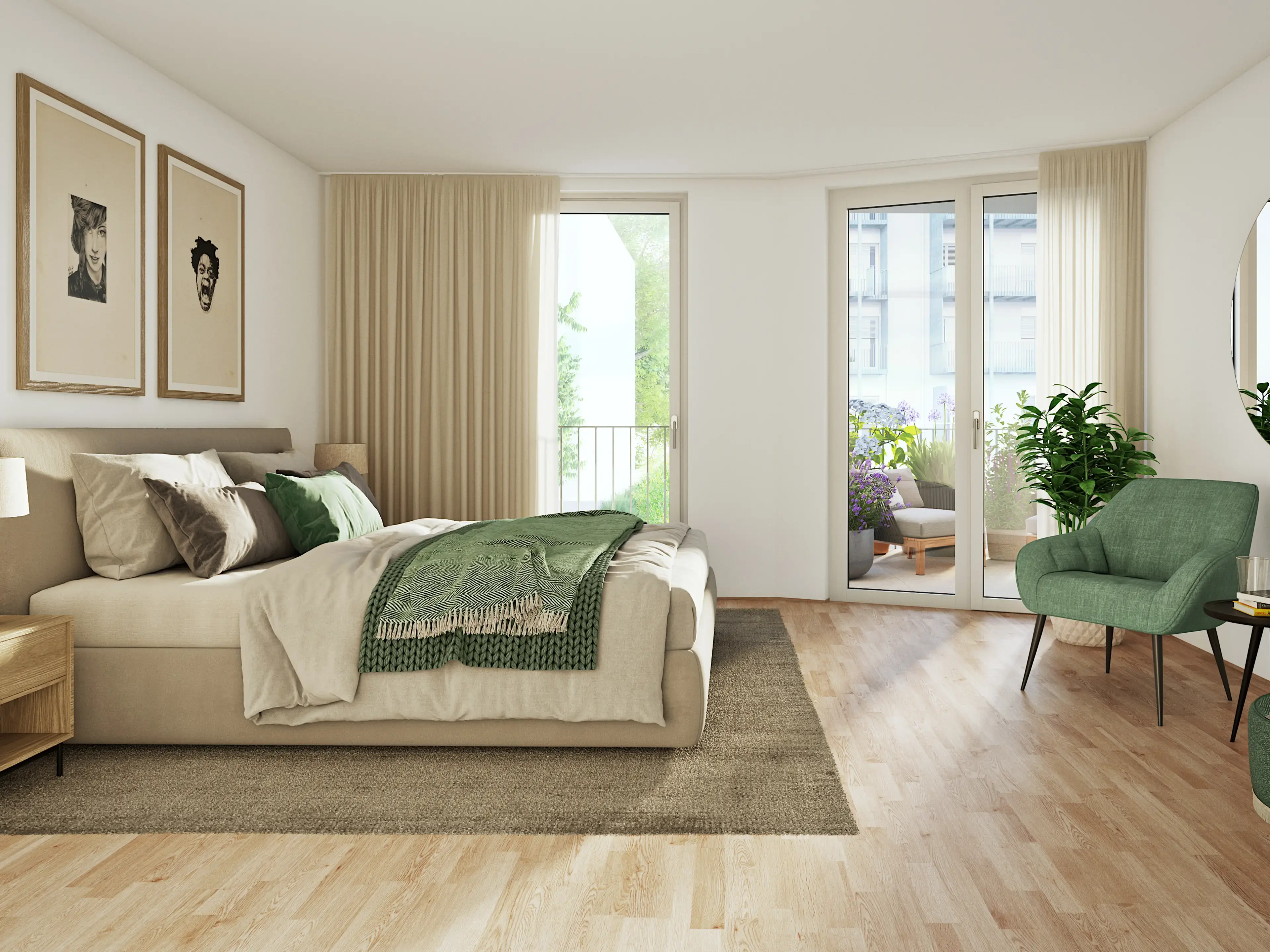 Schlafzimmer mit Balkonzugang in einer My.Turn Wohnung