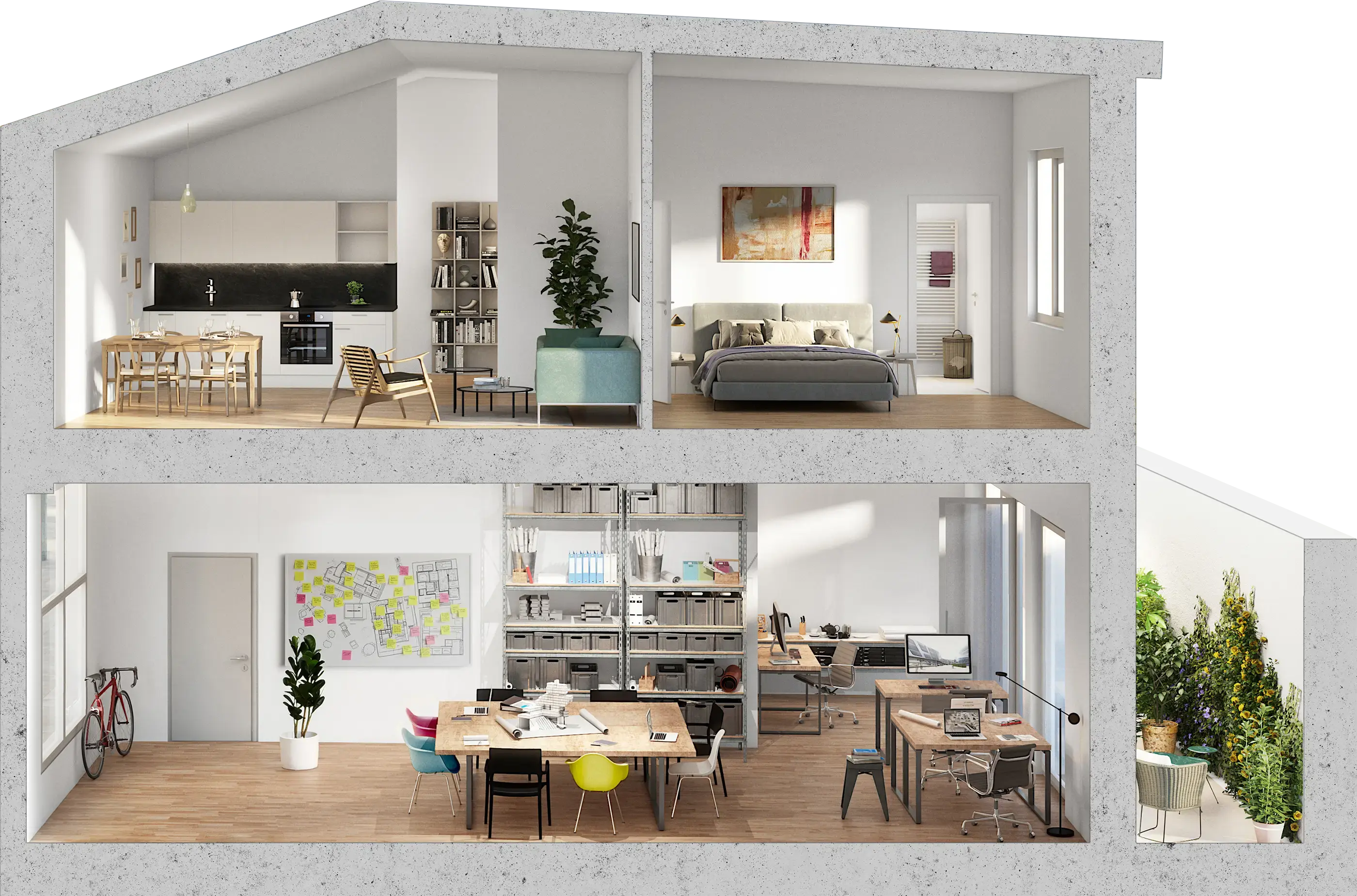 Moderne Maisonette-Wohnung: Perfekte Work-Life-Balance durch getrennte Wohn- und Arbeitsbereiche auf zwei Etagen.